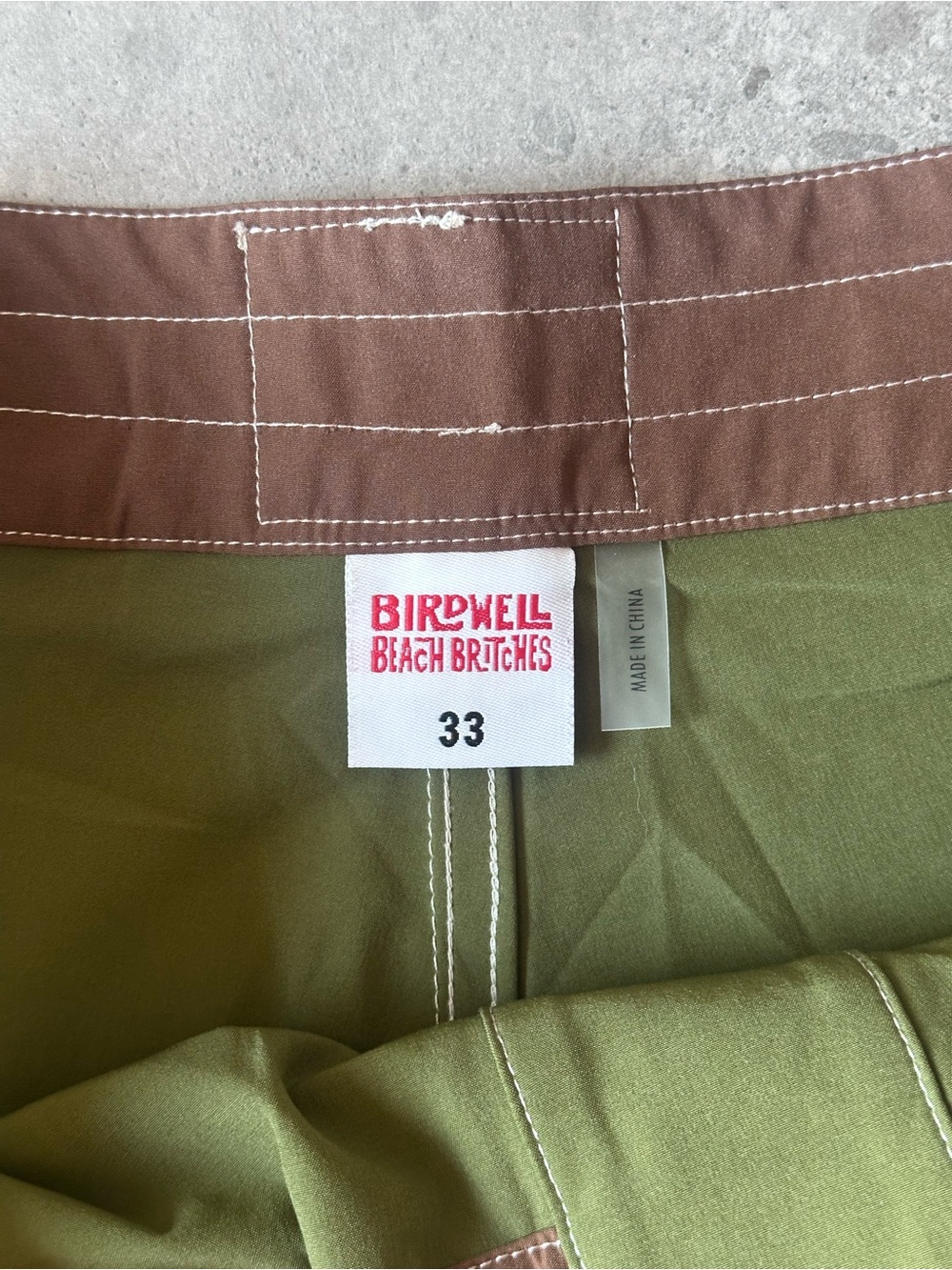 NWOT Olive & Light Blue BIRDWELL Board Shorts with Brown Waistband - Picture 4 of 5